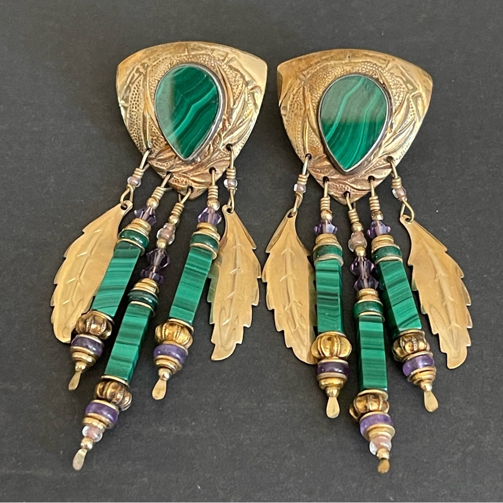 Vintage Tabra 14kt Gold Filled Genuine Malachite & Amethyst Dangle Earrings